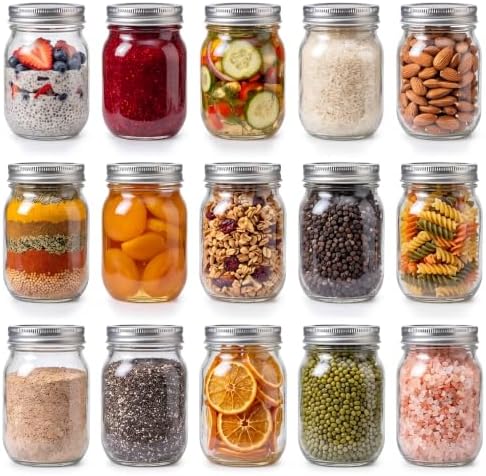 YINGERHUAN Glass Regular Mouth Mason Jars, 16 oz Clear Glass Jars with Silver Metal Lids for Sealing, Canning Jars for Food Storage, Overnight Oats