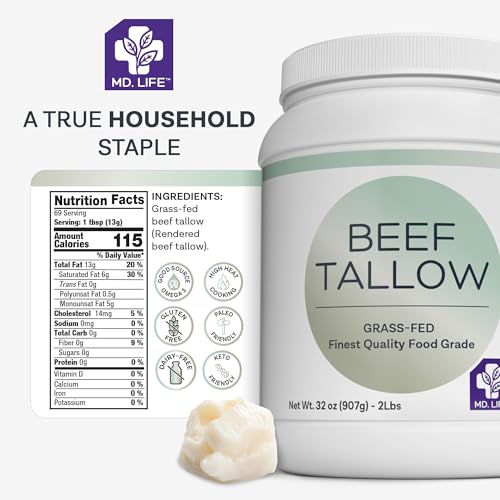 MD. Life Beef Tallow for Cooking - Food Grade Grass Fed Beef Tallow for Cooking Oil Replacement - 28 Ounce - Pasture Raised Keto Friendly Beef Tallow- Used to Make Candles & Soap