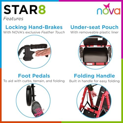 NOVA Star Heavy Duty Petite Rollator Walker with Large Padded Seat, 8" All-Terrain Wheels, Locking Hand Brakes, Height Adjustable