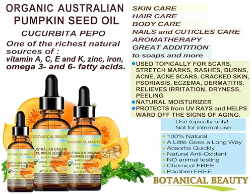Botanical Beauty Australian ORGANIC PUMPKIN SEED OIL 100% Pure Natural Virgin Unrefined Cold Pressed Carrier Oil. 1 Fl.oz.- 30 ml. for Face, Skin, Hair, Lip, Nails