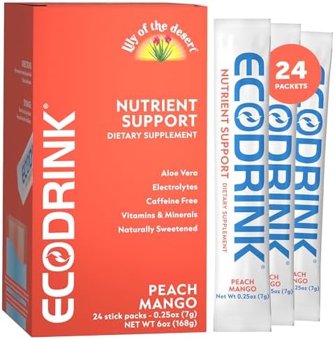 Lily of the Desert EcoDrink Nutrient Support Hydration Packets, Strawberry Lemonade – Naturally Sweetened Multivitamin Electrolyte Mix with Aloe, 24 Stick Packs/Box, 0.25 Oz Ea