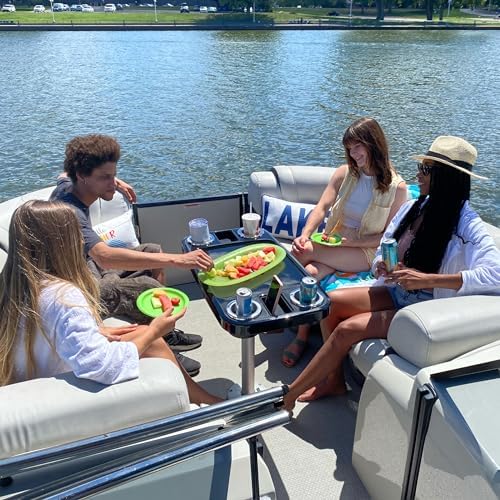 Manufacturers' Select ITC Boat Table Set - 18"x34" Removable Pontoon Boat Table with Center Non-Slip Mat, Pedestal Leg, 4 Drink Holders