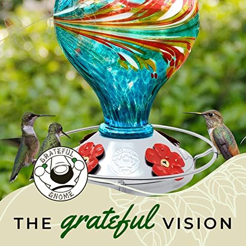 Hummingbird Feeder by Grateful Gnome - Large Hand Blown Stained Glass Feeder for Garden, Patio, Outdoors, Window with Accessories S-Hook, Ant Moat