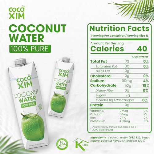 COCOXIM Ready to Drink Pure Coconut Water, 33.8 oz, Pack of 12, Zero Sugar