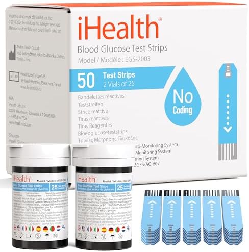 iHealth Blood Glucose Test Strips, 50 Count, No Coding, for iHealth Meters | Compatible with iHealth Meters Only, 0.7 µL Sample, 5-Second Results, Two-Vial Freshness, Blood Sugar Test Strips