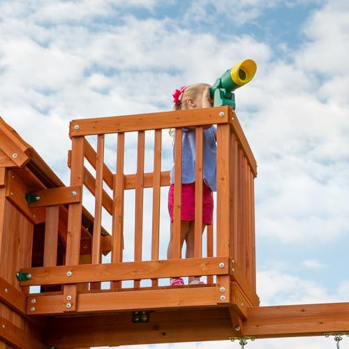 Backyard Discovery Skyfort II Cedar Wood Swing Set with Wave Slide, Raised Clubhouse, Crow's Nest, Monkey Bars, Balcony, Belt Swings, Trapeze