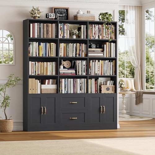 HOSTACK 71" Tall Triple Wide Bookshelf with Storage Drawers & Doors, Green | Large Bookcase with Cabinet, Modern 6-Tier Open Display Shelves, Wood Book Shelf for Living Room, Home Office
