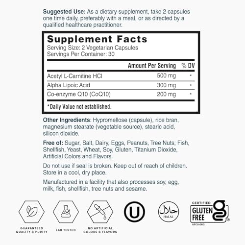 Nature's Lab CoQ10 200mg with Alpha Lipoic Acid & L-Carnitine - High Absorption Heart & Brain Support - Energy & Mitochondrial Function - 60