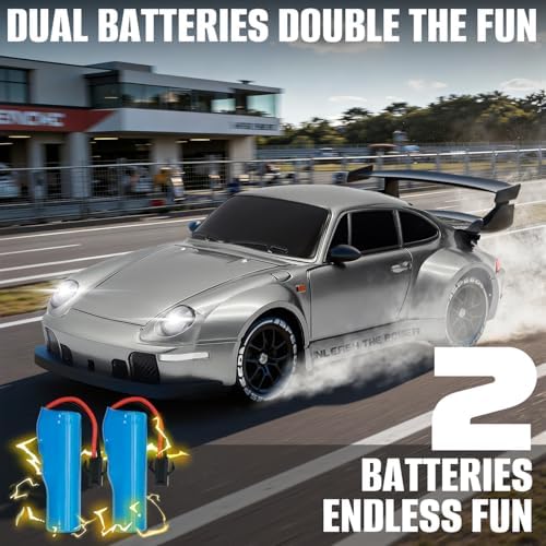 RC Drift Car,1:24 Scale Remote Control Car, 2.4GHz 20KM/H 4WD High Speed RC Cars for Kids with LED Light, Two Batteries,Drifting Tires,Racing Vehicle Toy for Adults Boys Girls Gray