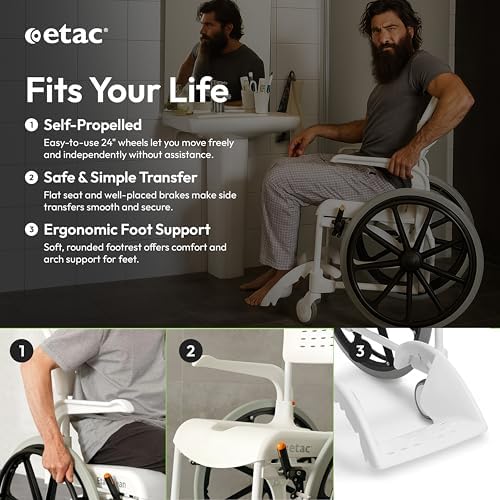 Etac Clean 24" Self-Propelled Shower Chair with Wheels - 21 3/4 Inch Fixed Height with 24 Inch Rear Wheels - Shower Wheelchair for Elderly and Disabled - Movable Armrest & Ergonomic Footrest
