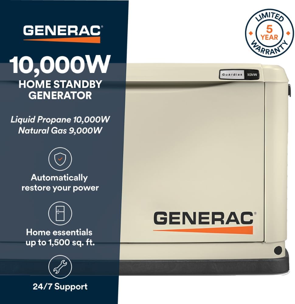 Generac Guardian 10kW Home Generator, Transfer Switch & WiFi Monitoring