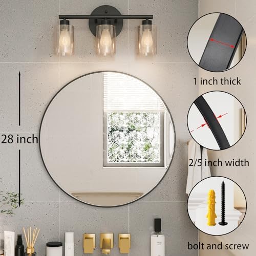Growsun Black Round Mirror 24 inch, Wall Mounted Circle Mirror, Metal Framed Mirror for Bathroom Vanity, Bedroom Home Decor Mirros