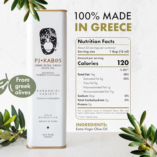 P.J. KABOS Fresh 2025/26 Harvest, High Phenolic (400+mg/kg), Natural Greek Extra Virgin Olive Oil, Kosher, Greece, Cold Extracted, 16.9 oz Tin, Koroneiki, "Family Reserve -Medium"