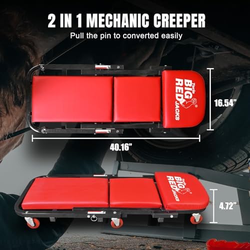 BIG RED Rolling Garage/Shop Creeper: 2-Piece, 36" Padded Mechanic Cart with Headrest and 6 Casters, Red,AR7565B,Torin