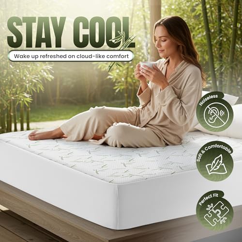 Bamboo Viscose Waterproof Mattress Protector Queen Size, fits 17" deep | Utopia Bedding Cooling Mattress Cover, Soft Breathable Mattress Pad, Noiseless, Fitted Style, Stretchable Pockets, Washable