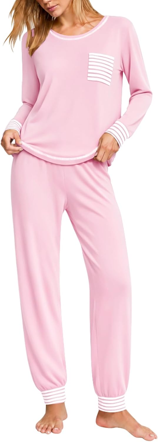 SWOMOG Women’s Pajamas Set Long Sleeve Sleepwear with Long Pants Soft Modal Loungewear Pj Set