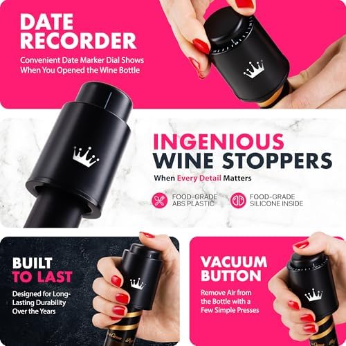 VINABON Vacuum Wine Stopper Set [Pack of 2] - Updated 2026 Preserves Freshness and Flavor for 15 Days. Improved One Pump Button Design