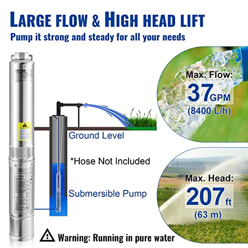 VEVOR Deep Well Submersible Pump, 1HP 115V/60Hz, 37gpm Flow 207ft Head, with 33ft Electric Cord, 4" Stainless Steel Water Pump for Industrial