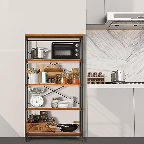 BATHWA Wood and Metal Minimalist 5 Tier Bookshelf, 6 feet Tall Open Rustic Wide Bookcase Industrial Style