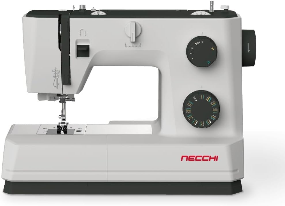 NECCHI Q132A Sewing Machine with Extension Table, Italian Designed, Stainless Steel Metal Bedplate, 32 Built-In Stitches, Accessory Kit Included.