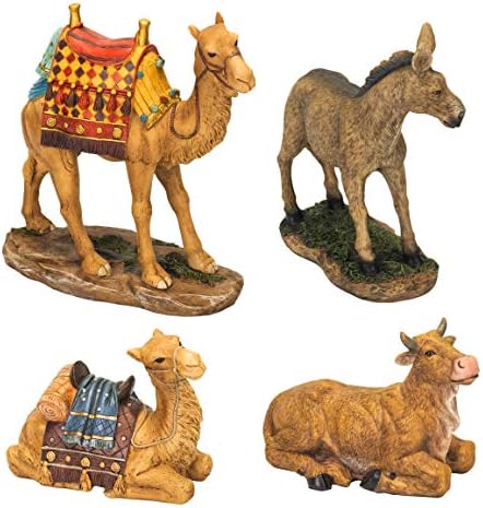 Three Kings Gifts Nativity Animals Set, 4-Piece Polystone Standing and Sitting Camels, Donkey, and Ox Figures, Flat Bottom Base Collectibles for 14-Inch Scale Nativity Scene