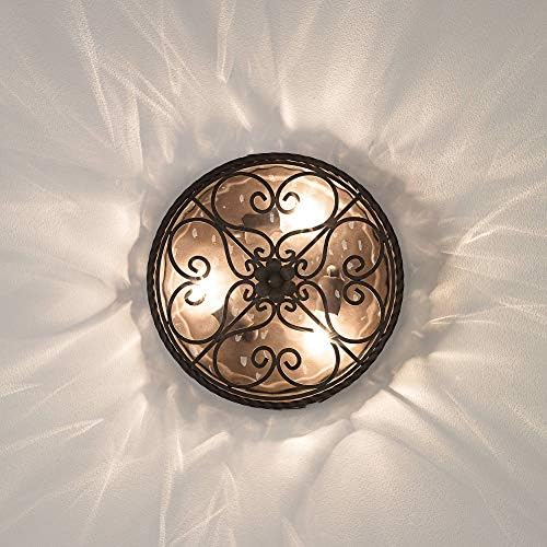 Casa Seville 12" Walnut Rustic Indoor-Outdoor Ceiling Light Fixture | Flush-Mount Dark Scroll Water Glass Damp Rated for Exterior House Porch Patio Outside Deck Garage Front Door Home