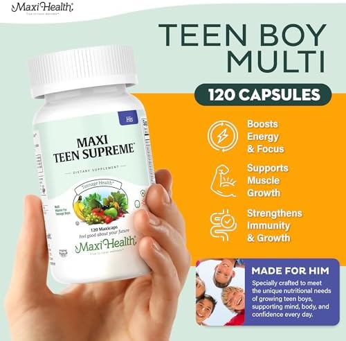 Teen Vitamins for Boys 12-17 - Teen Multivitamin Supreme with D3, Iron, Calcium, Biotin, Digestive Enzymes – Teenager Boy Multi Vitamins for Energy, Brain & Mood Support – 60 Count