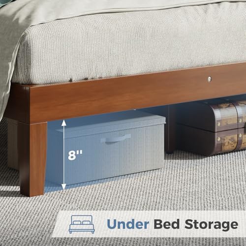 Solid Wood Bed Frame, Queen Size Platform Bed Frame with Headboard, Sturdy Wood Slat Support, Heavy Duty, No Box Spring Needed, Noise-Free, Easy Assembly