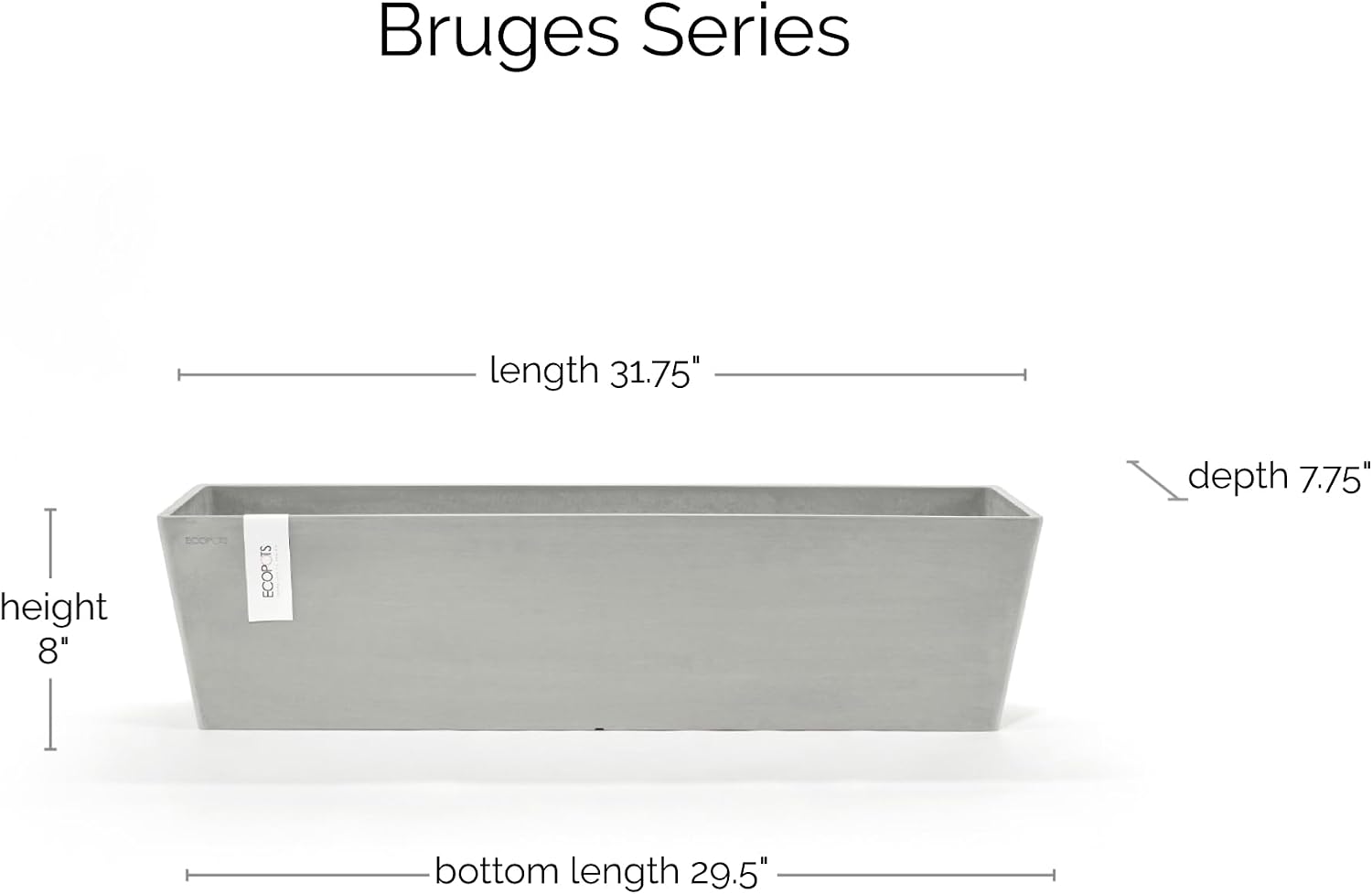 Ecopots Bruges Rectangular Flower Planter, Grey, 21.5" | Modern Style, Durable Recycled-Based Composite Construction, Weather and UV-Resistant, for Indoor/Outdoor Use