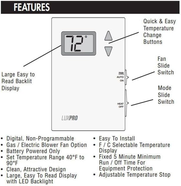 Lux Pro PSD010B Mechanical Non-Programmable Thermostat; 1 Heat Only; Without Fan; Batteries Included | Without Fan, Batteries Included