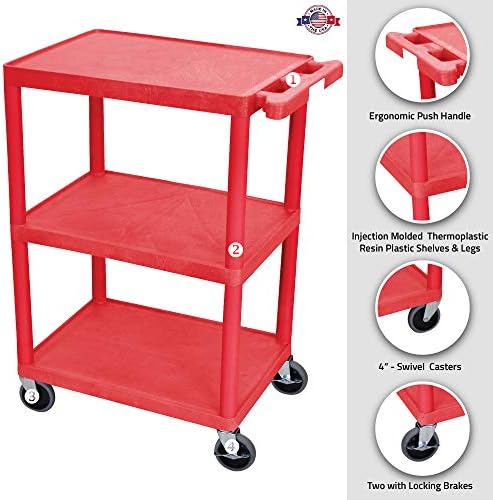 Luxor Multipurpose Storage Utility Cart 3 Shelves Structural Foam Plastic - Red