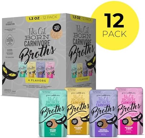 Tiki Cat Born Carnivore Broths Wet Cat Food Toppers, Variety Pack, 1.3 oz. Pouch (12 Count) | Broth with Real Animal Protein for Hydration