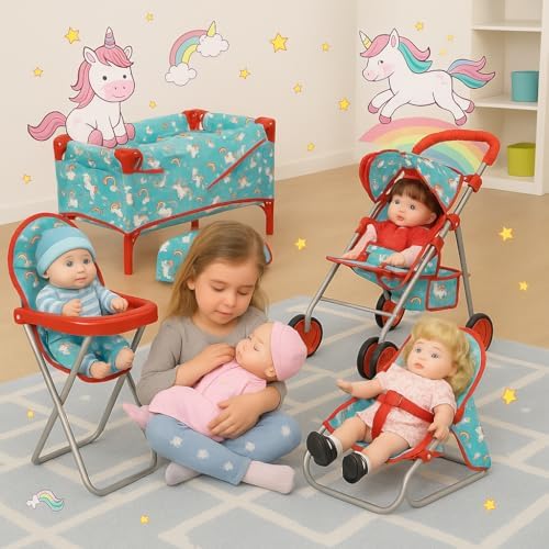 fash n kolor 4 Piece Baby Doll Play Set Flower Design Includes - Foldable Pack N Play, Baby Doll Stroller, Baby Doll High Chair, Infant Seat, Fits Up to 18'' Doll 4 Piece Doll Accessories Set