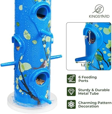 Kingsyard Metal Bird Feeders for Outdoors Hanging, Tube Bird Feeder | 14 in, 6 Feeding Ports, drainage holes, 2 lbs Seed Capacity, Weatherproof, Stays Dry & Fresh, Easy to Clean & Refill, Yellow