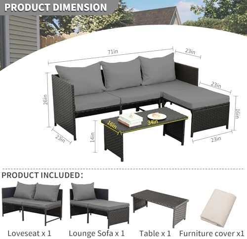 Valita 3-Piece Outdoor PE Rattan Furniture Set Patio Black Wicker Conversation Loveseat Sofa Sectional Couch Khaki Cushion