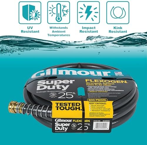 Gilmour Flexogen 5/8 in x 25 ft Garden Hose, Heavy Duty Water Hose, Flexible and Kink Resistant Outdoor Hose | 8-layer heavy duty build