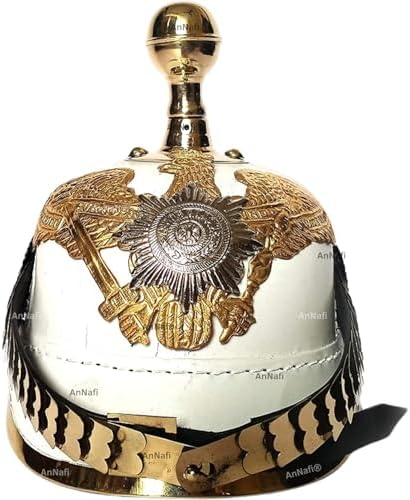 AnNafi® White German Pickelhaube Helmet | Leather Pickelhauben Imperial Prussian Helmets | Brass Military Officer Round Top Men’s Costume | WWI &