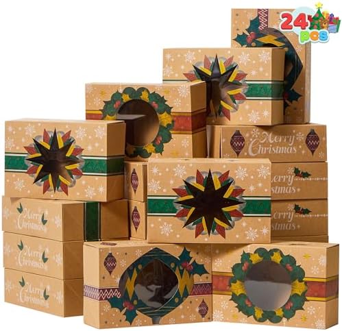 JOYIN 24PCS Christmas Cookie Boxes for Gift Giving, 8.75" x 5.75" x 2.75" Xmas Holiday Bakery Treat Boxes with Window