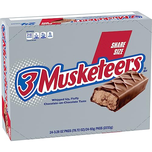 3 MUSKETEERS Milk Chocolate Candy Bars, Full Size, Bulk Candy Box, 36 ct | Light whipped chocolate nougat in full size bars, for sharing, party favors and lunch boxes, gift bag, snack box