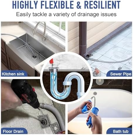 Drain Snake, Drain Auger with Drill Attachment, 16.4 Feet By 5MM Plumbing Snake Auto Feed Flexible Hair Drain Clog Remover for Kitchen, Bathrom and Shower Sink with Gloves