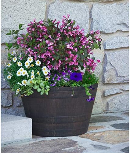 Rocky Mountain Goods Whiskey Barrel Planter Pot Large - 15” Weathered Oak Barrel Plastic Resin - Outdoor/Indoor Flower Pot - UV Fade Resistant