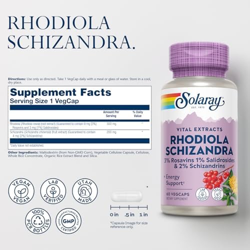 SOLARAY Rhodiola Schizandra - Rhodiola Rosea Extract - Energy Support and Occasional Stress Relief Supplement - Vegan, Lab Verified
