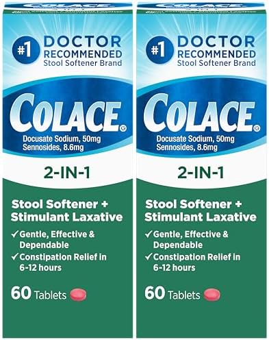 Colace 2-in-1 Stool Softener Plus Stimulant Laxative Tablets, 60 Count