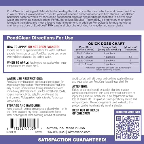 Airmax PondClear Packets Beneficial Bacteria Pond Clarifier, 24 Count | Enzyme Clarifier with EcoBoost PRx to help clear and clean pond and lake water while remaining safe for fish