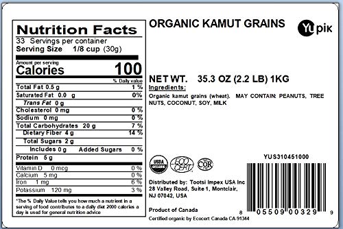 Yupik Organic Kamut Grains, 2.2 lb (35.2 oz), Non-GMO, Vegan, Kosher, Raw Whole Grains, Khorasan Wheat, Nutty Flavor, Source of Fiber & Iron, Ideal for Cooking & Sprouting