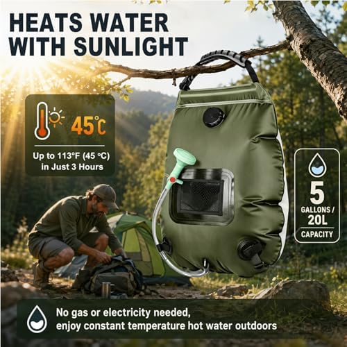 Solar Shower Bag | 5 Gal/20L Solar Heating Camping Shower Bag | Removable Hose | On-Off Switchable Shower Head | Ducha Portatil | Traveling Shower | Portable Shower for Beach Swimming, Hiking