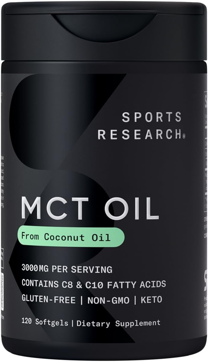 Sports Research® Coconut MCT Oil 3000mg, 120 Softgels | Coconut Derived C8 & C10 Medium Chain Fatty Acids (MCT'S) | Travel-Friendly Softgels, Keto, Paleo, & Gluten-Free