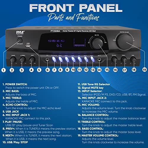 Pyle Home Stereo Amplifier with Bluetooth - 300 Watt Max 4 Channel Stereo Receiver with Easy Karaoke - Dual Mic In with EQ and Echo, USB-A and SD Card In, RCA In, RCA Out, LED Display - PT272AUBT