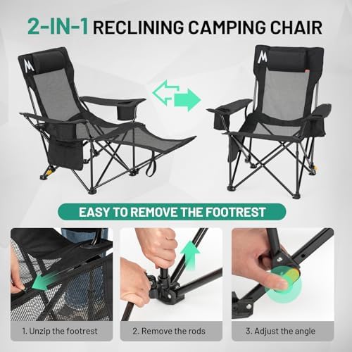 Overmont Reclining Camping Chair with Footrest - 4-Position Adjustable Backrest Lightweight Folding Lounge Chair for Adults with Pillow Carry Bag