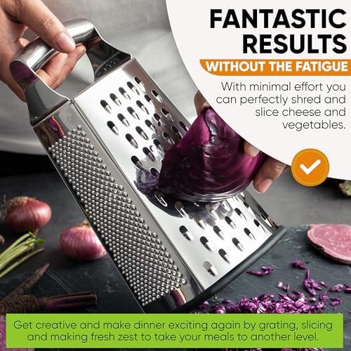 Spring Chef Stainless Steel Cheese Grater, Large Box Grater for Kitchen | 4 Sided Handheld Vegetable Shredder, Kitchen Food Grater for Cheese, Potato